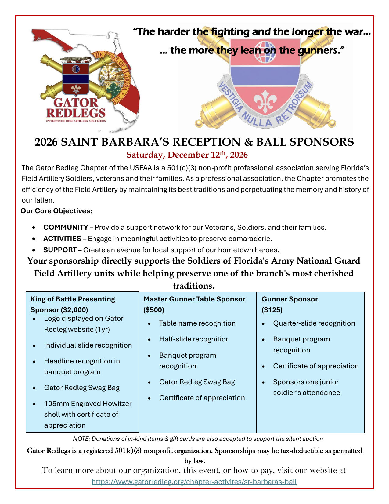 2026 Saint Barbara's Reception and Ball sponsorship flyer with King of Battle, Master Gunner, and Gunner tiers.